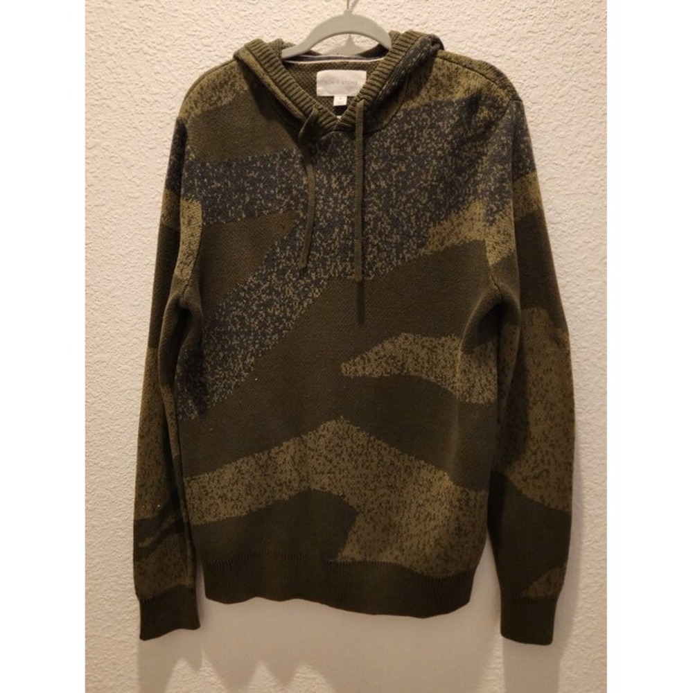 Sun + Stone Mens Camo Knit Hooded Sweater Olive Green Abstract Pullover Medium